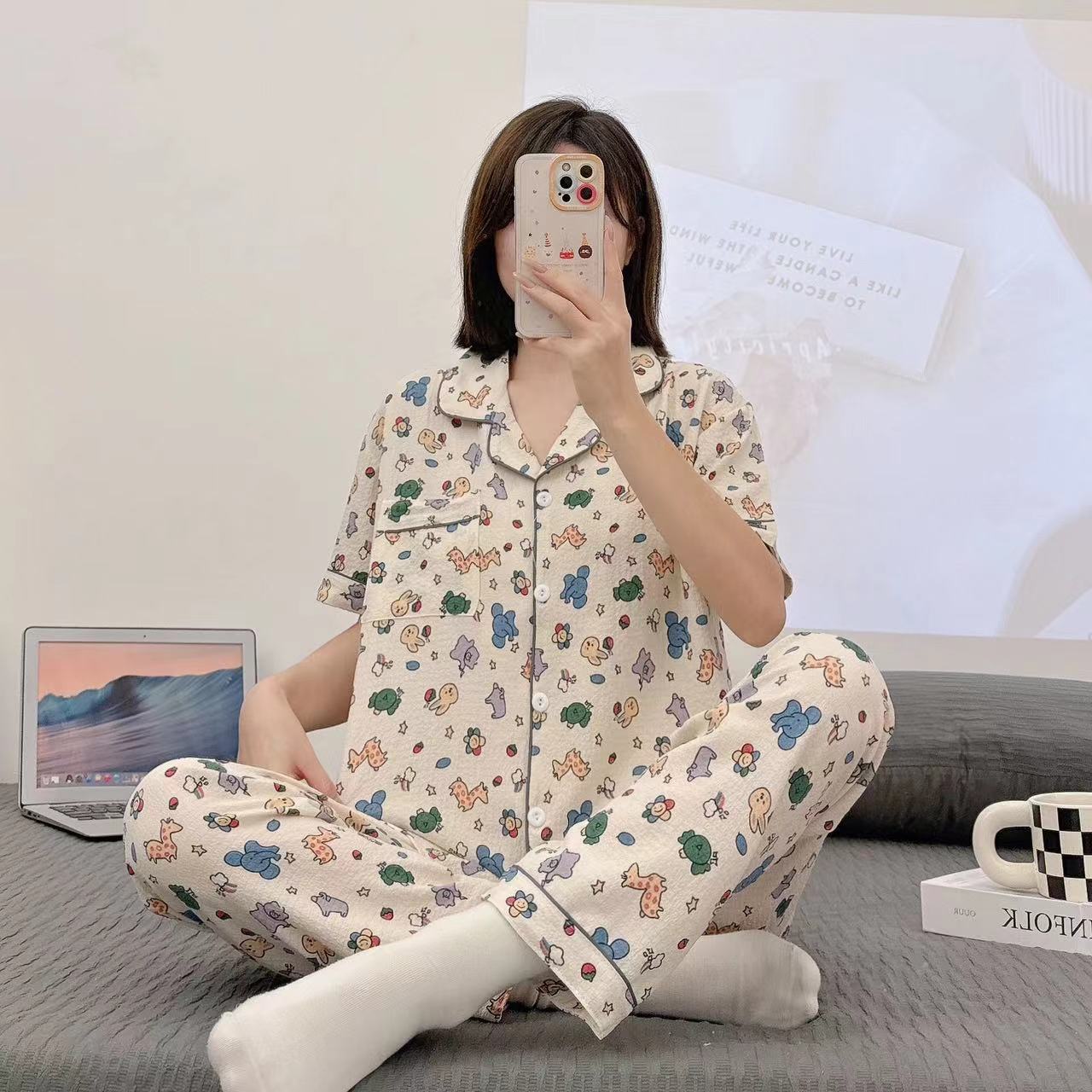 Pajamas de espuma tejidos de verano de algodón pantalones largos de mangas cortas ropa para el hogar de verano delgada de algodón conjunto de dos piezas