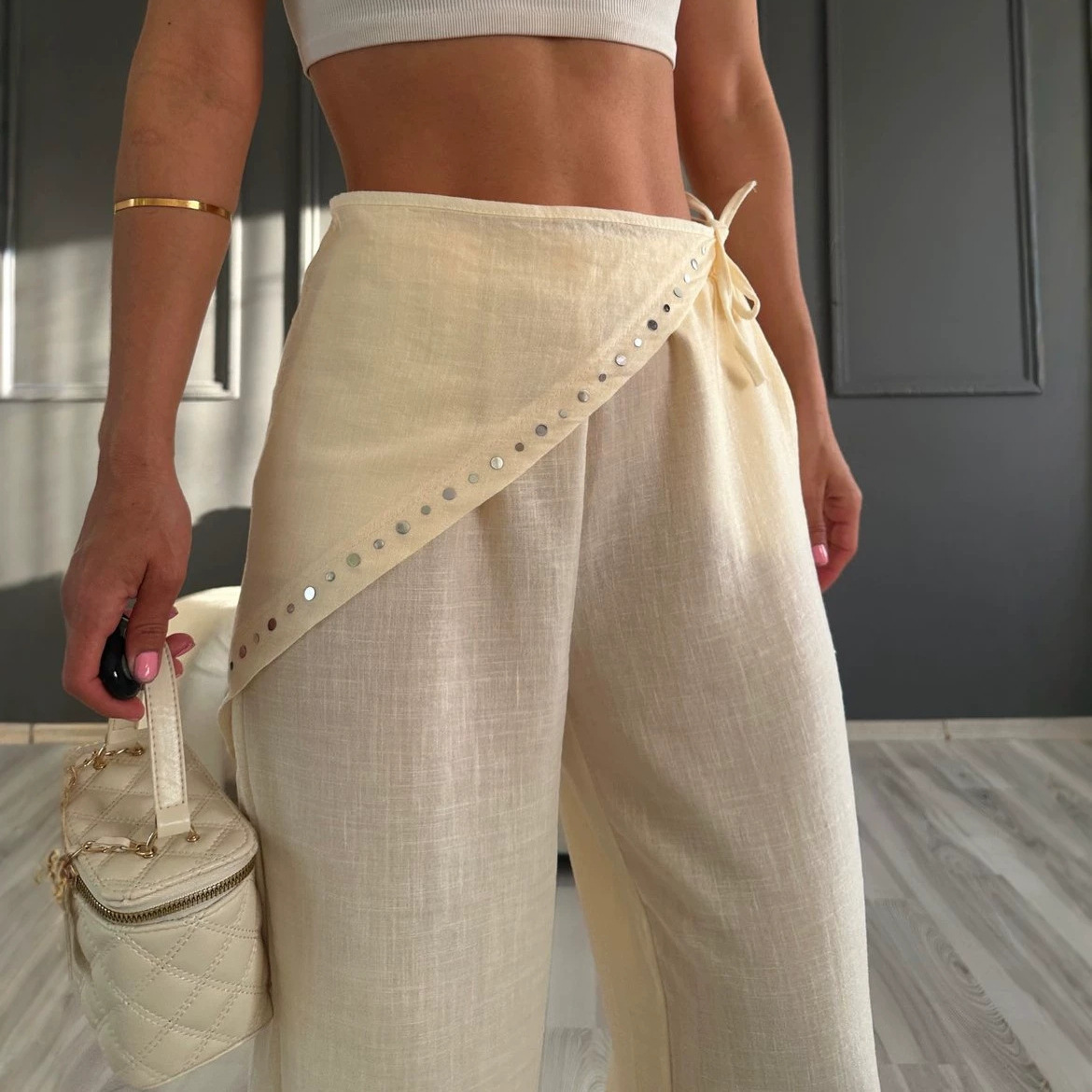 Women's High-Waisted Wide-Leg Linen-Look Pants With Rhinestone Detail | Loose Fit Summer Casual Trousers_ecoleips.com