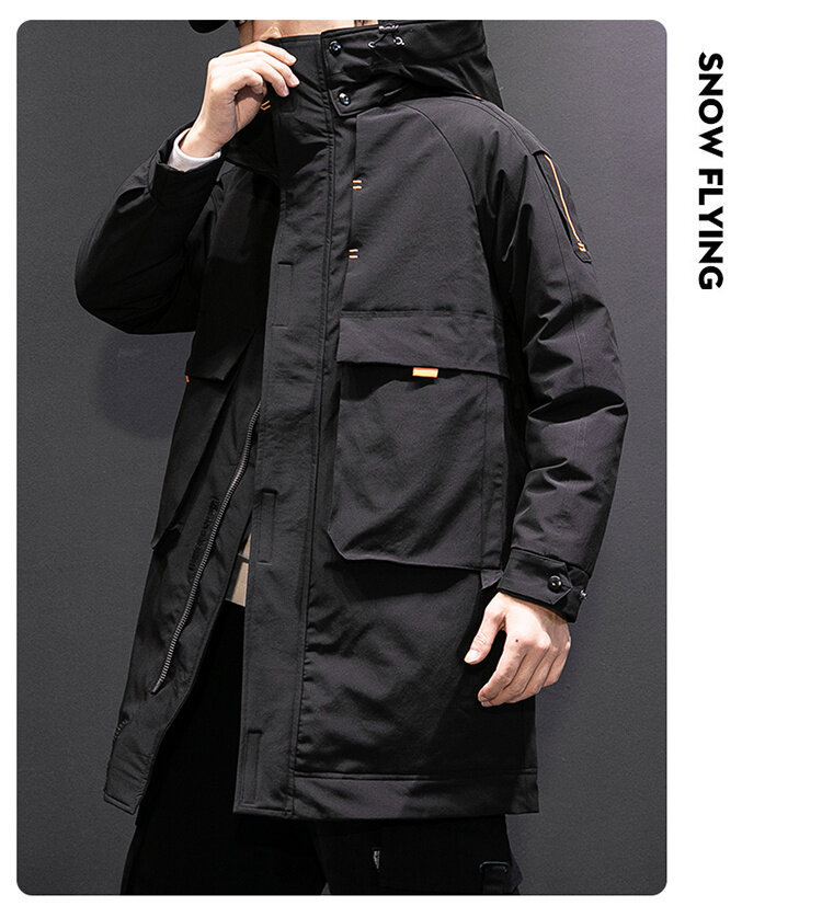 Men's Long Winter Workwear Down Jacket With Hood, Lightweight Warm Parka Coat For Cold Weather, Water-Resistant Polyester Shell, Machine Washable_voghion.com