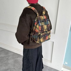 Mirenbu迷人布 格纹翻盖双肩包 拼布感复古百搭情侣 小号格子休闲