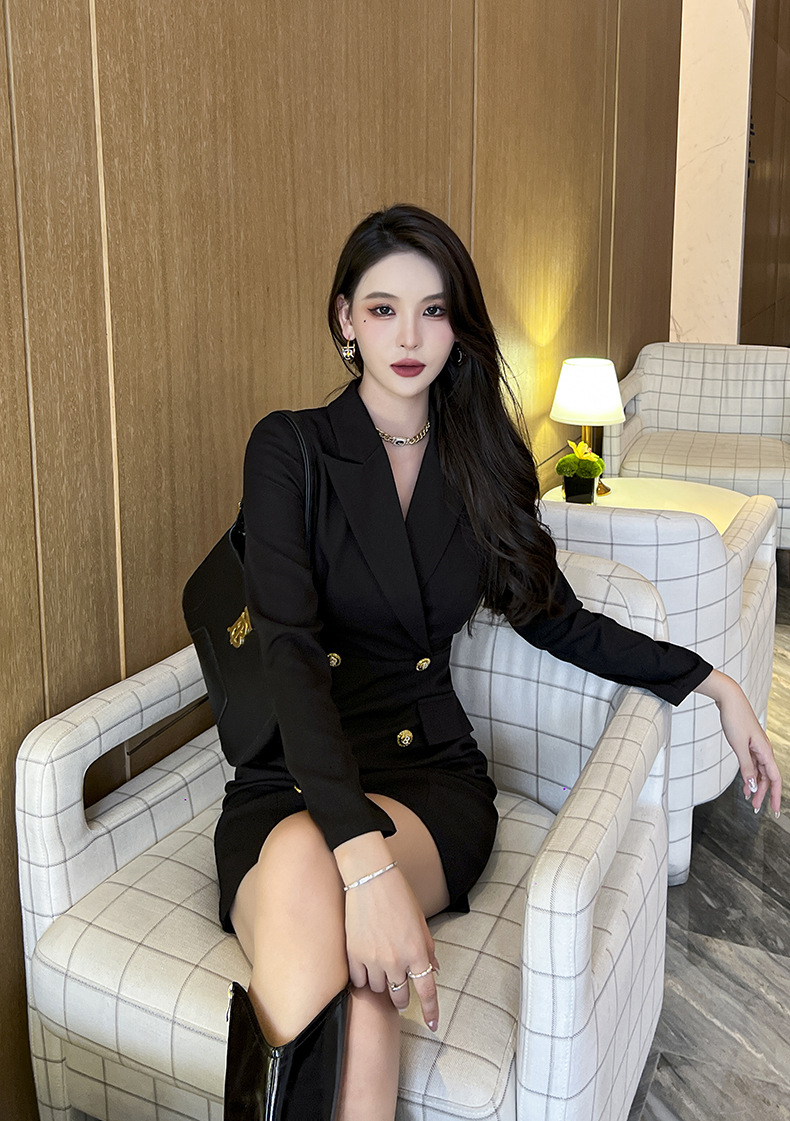 Đầm blazer nữ công sở kiểu dáng thời trang Pháp, tay dài, cổ ve — Màu đen chi tiết 15