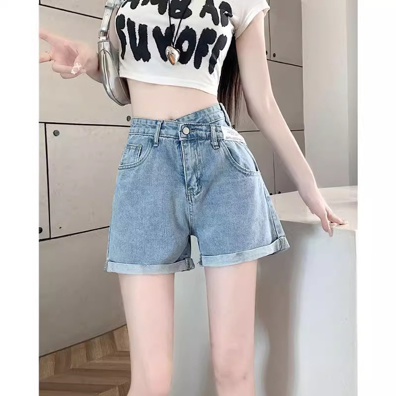 Irregular Hem A-Line Jeans for Women, Summer High-Waisted Loose Straight Thin Cross-Button Wide-Leg Hot Pants Irregular Hem A-Line Jeans for Women, Summer High-Waisted Loose Straight Thin Cross-Button Wide-Leg Hot Pants