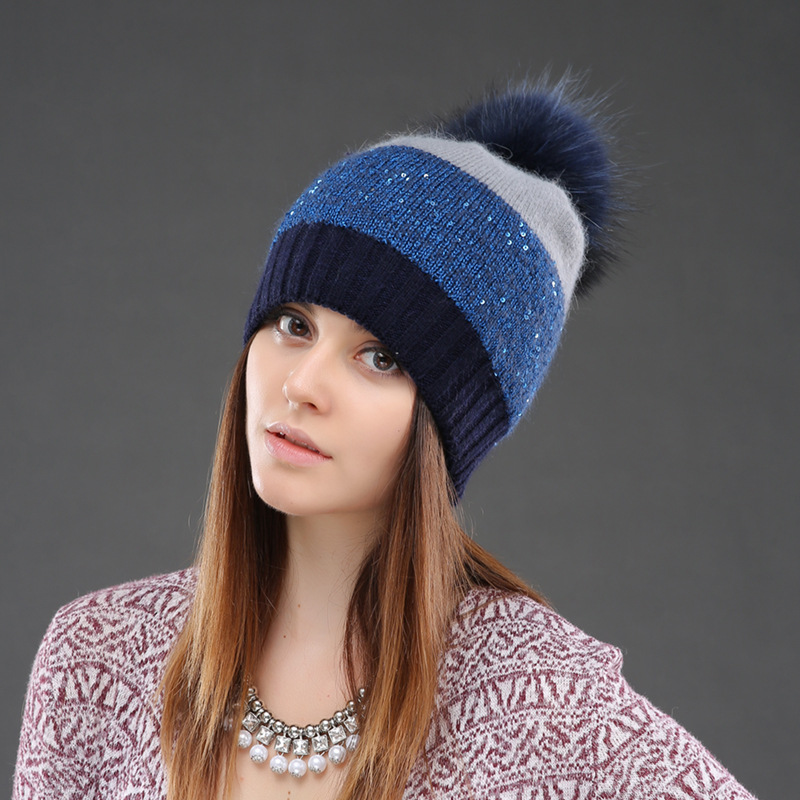 Women's winter warm knitted rabbit real raccoon fur ball fashionable and versatile sequin pullover hat style_voghion.com