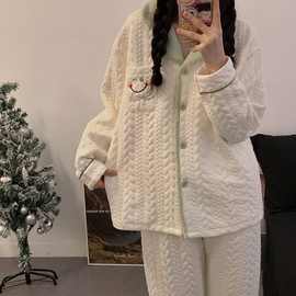 秋冬新款空气棉夹层印花翻领可爱睡衣少女家加厚保暖居套装可外出