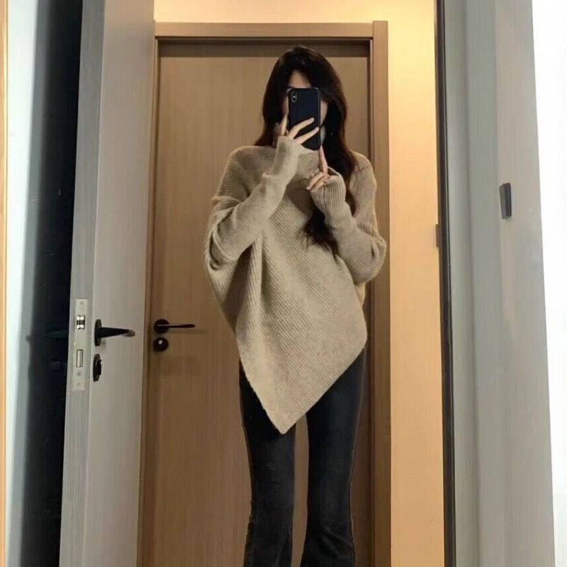 怠惰な風の不規則な高襟セーター2点セット春秋冬高級感塩系軽熟気質ミルク系着