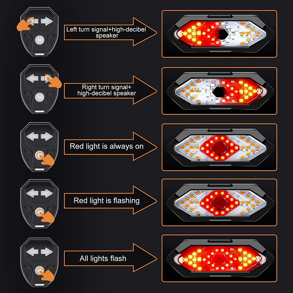 Luces de bicicleta, luces traseras de dirección de control remoto, luces izquierda y derecha, carga USB, conducción nocturna de montaña, LED con bocina, luz de advertencia impermeable