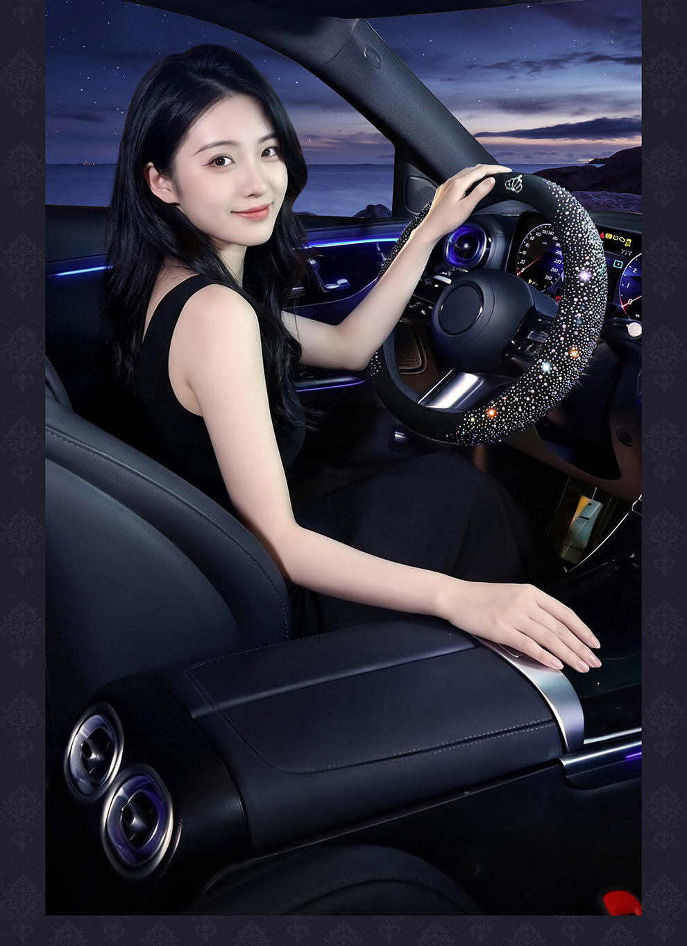 2026 New Fashion Full-Diamond Car Steering Wheel Cover for Women, All-Season Universal, Sparkling Diamond Anti-Slip D-Type Steering Wheel Cover