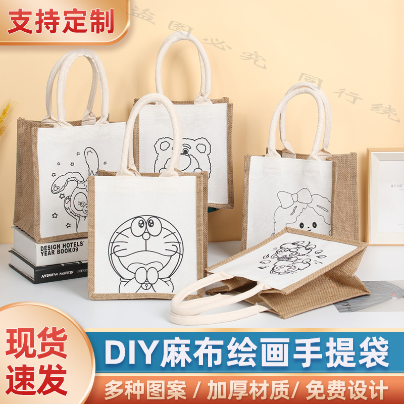 No impreso mismo bolso de yute creativo con lienzo DIY pintado a mano bolsa de lona pintura de graffiti Muji bolsa de lino portátil