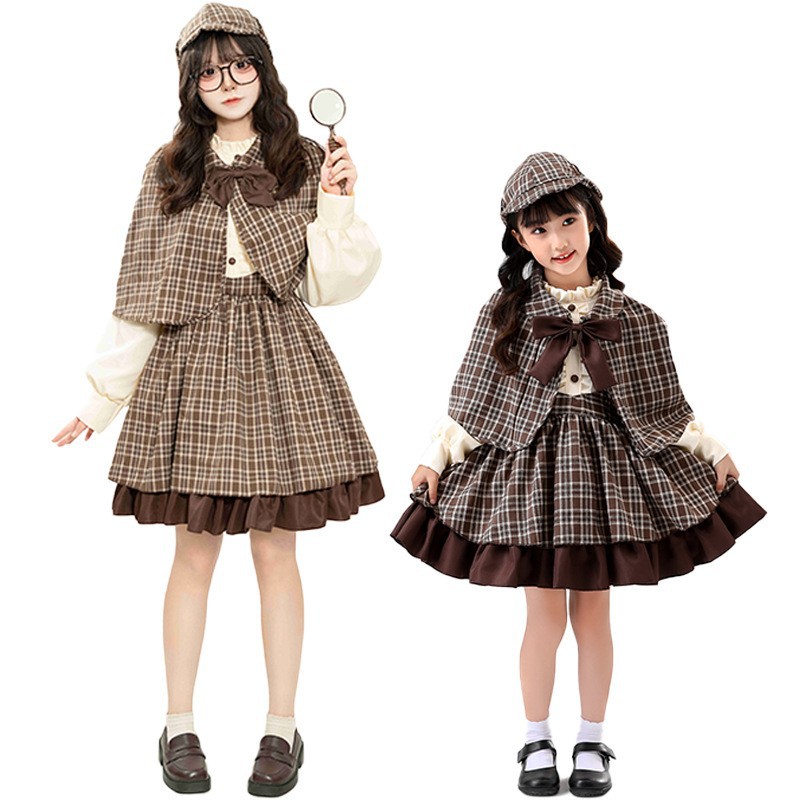 2025 Parent-Kids Lolita Clothes British College Style Cosplay Costume Children's Detective Sherlock Holmes Suit