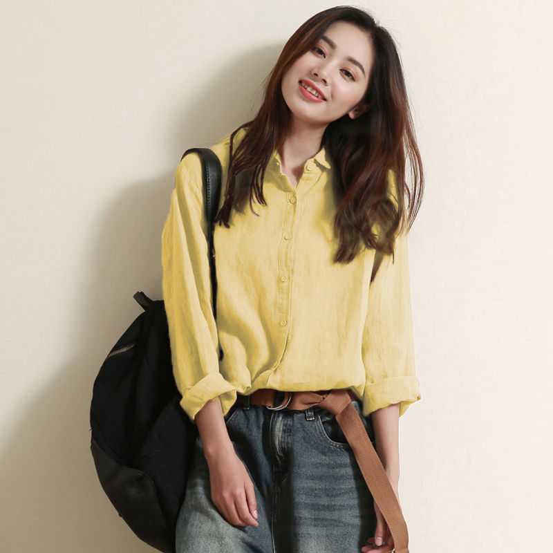 [신강면] 예술면 · 리넨 셔츠 여성 신톱 디자인 틈새 느슨한 긴팔 리넨 셔츠