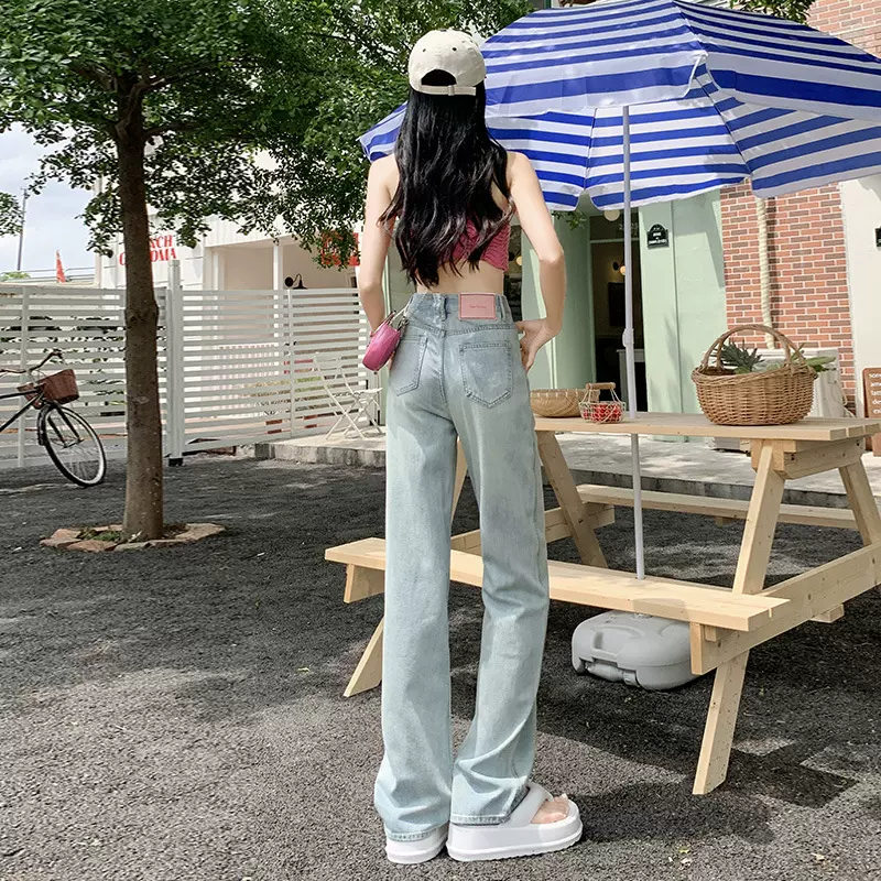 浅色直筒牛仔裤女2025新款春秋薄款高腰窄版显瘦宽松阔腿拖地裤子