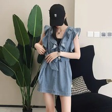 欧美时尚博主同款连衣裙女2025秋新款v领荷叶边性感修身牛仔裙女