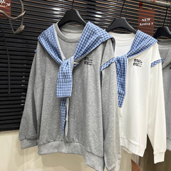 mm家25ss秋冬新款拼接格子卫衣配披肩灰白两色学院风宽松两件套
