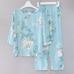 女性用パジャマ、夏用薄手綿シルク、中高年ママ向けゆったり綿シルクホーム服、七分袖お出かけスーツ