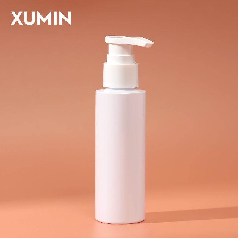 Empaquetado cosmético Xumin hombro plano botella de acondicionador PET 150-200ml botella de champú blanco al por mayor