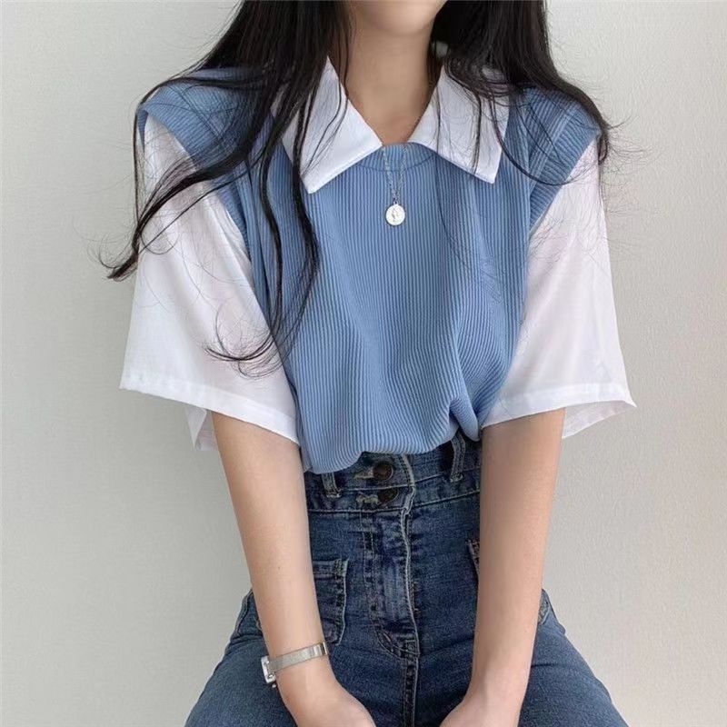 2025 Summer Polo Lapel Fake Two-Piece Preppy Style Contrasting Color Short-Sleeved T-Shirt Women's Loose Casual Versatile Top Ins 2025 Summer Polo Lapel Fake Two-Piece Preppy Style Contrasting Color Short-Sleeved T-Shirt Women's Loose Casual Versatile Top Ins