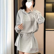 中国风灰色长袖连衣裙子女装春秋新款韩版连帽款别致短裙