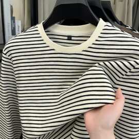 欧美条纹拼色圆领长袖T恤2026男士秋冬新款潮流宽松休闲打底上衣