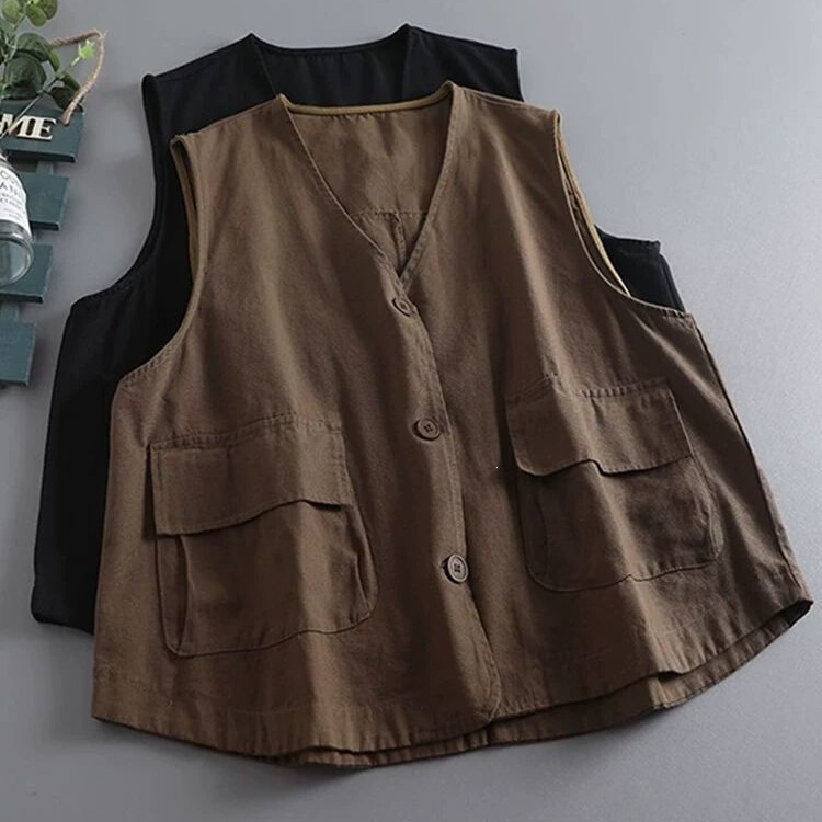 Plus Size 150kg Summer New Simple V-Neck Double-Pocket Work Vest for Women, Loose and Versatile Sleeveless Jacket