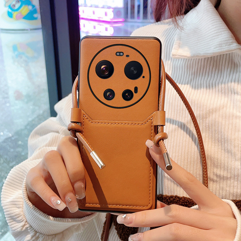 Suitable for Xiaomi 17Ultra Mobile Phone Case with Cross-Body Lanyard, Xiaomi 17Pro High-End Brown Leather Japanese and Korean Style Card Holder