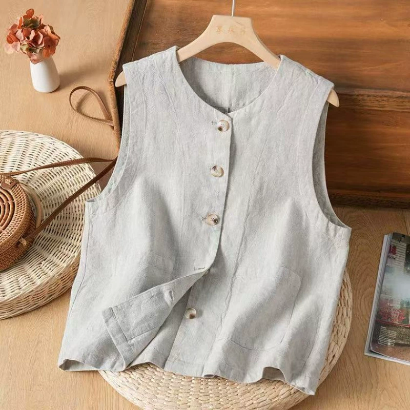 Новый жилетный жилет из хлопка и льна ретро