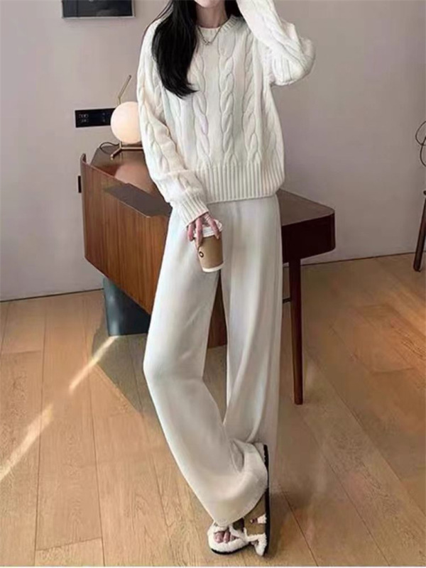 秋と冬の新しい女性用ニットスーツ、厚みのあるプルオーバー、ラウンドネック、ルーズカジュアルストレートパンツ、セーター、ツーピースセット、外国貿易|undefined