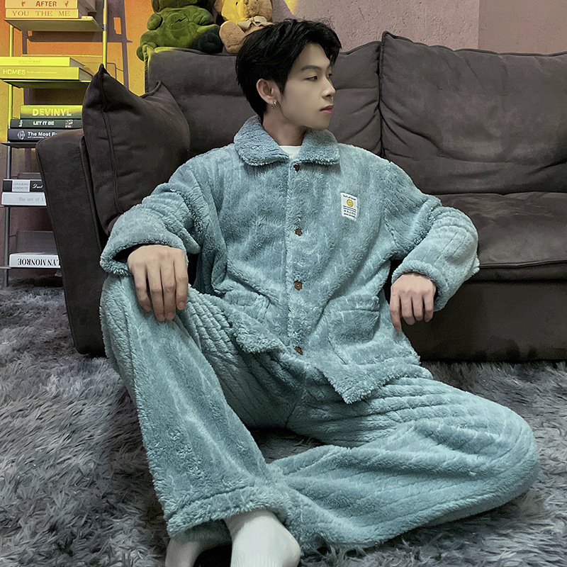 Superior coral azul pijamas pareja de felpa solapa Otoño e Invierno cardigan manga larga engrosada caliente desgaste del hogar traje