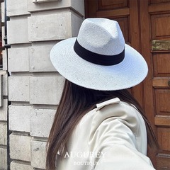 五分草巴拿马帽子白色高品质草帽法式沙滩度假优雅礼帽夏季遮阳帽
