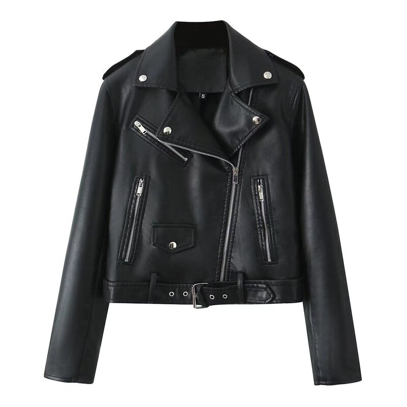 Women's Autumn New Faux Leather Motorcycle-Style Studded Short Jacket Leather Coat Top, Available Within 24 Hours