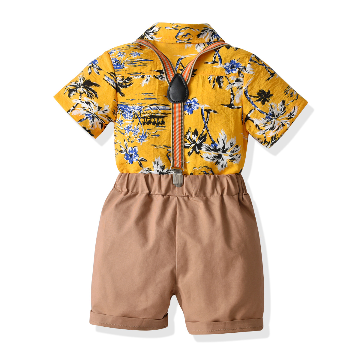 2022 Boys Maple Leaf Short Sleeve Shirt Strap Shorts Suit Small Children Bao Summer Short Sleeve Dress Cardigan