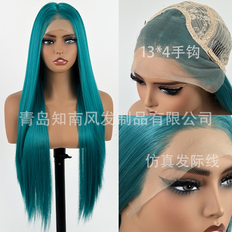 Foreign Trade Green Wig European and American Style Front Lace 13*4 Matte High Temperature Silk Wig Cosplay Green Long Straight Hair Foreign Trade Green Wig European and American Style Front Lace 13*4 Matte High Temperature Silk Wig Cosplay Green Long Straight Hair