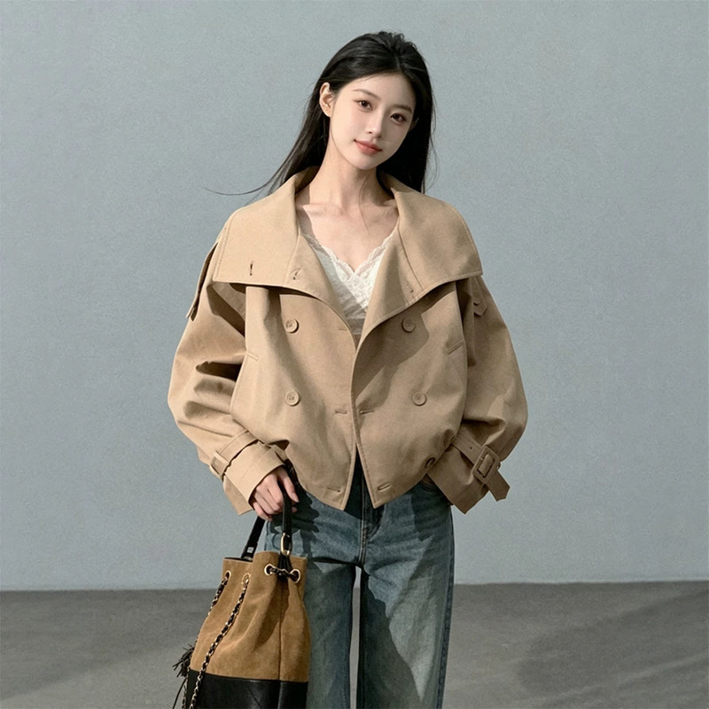 KOAMOO/ "Through the Oak Forest" khaki stand-up collar trench coat short jacket for women, autumn barn-style jacket