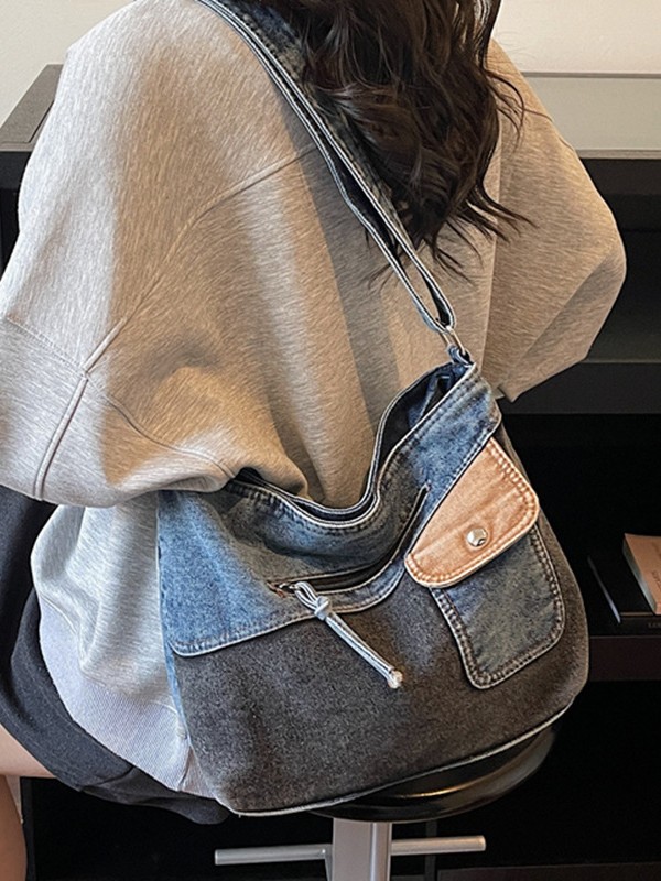 Bolso de denim de gran capacidad para mujeres 2026 retro color contrastante empalme mochila de hombro de viaje bolsa de ocio image 4