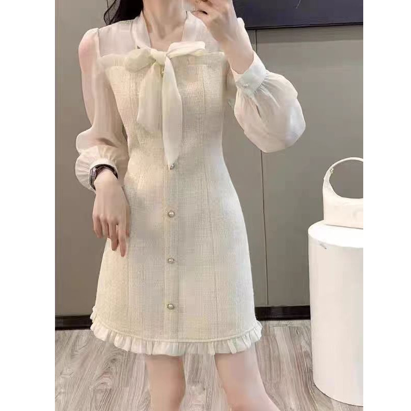 高级感法式小香风连衣裙女2025春秋杏色感端庄大气质名媛长袖裙子|undefined