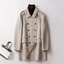 秋冬毛呢女大衣外套中長款修身雙排扣100羊毛雙面尼大衣廠家直銷