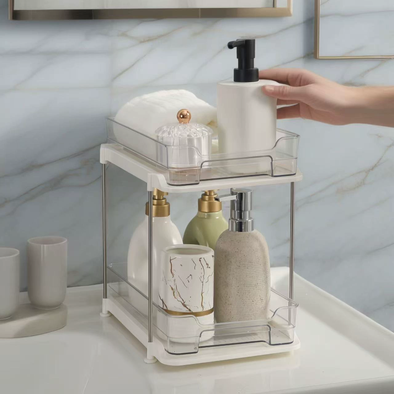 Pull-Out Double-Layer Sink/Bath Storage Rack with Clear Drawers – 2-Tier or 3-Tier Organizer