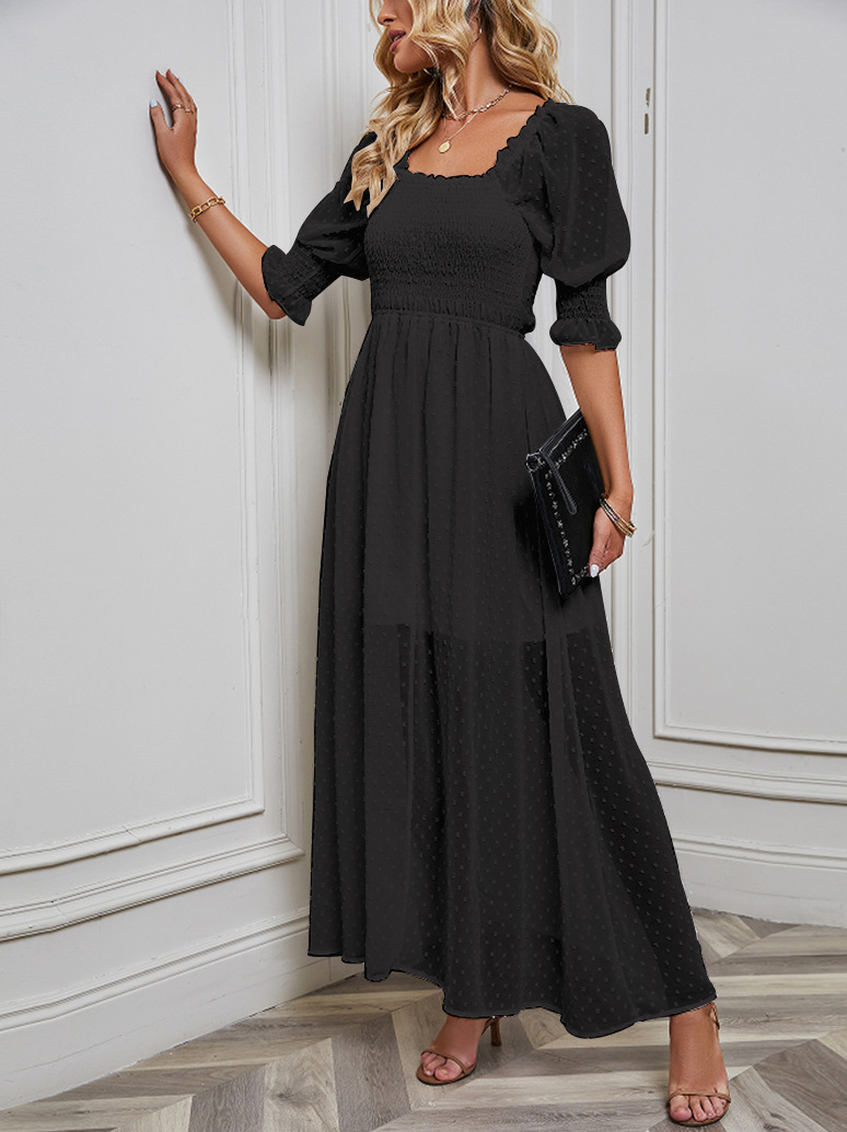 Fashion Solid Color Boat Neck Short Sleeve Jacquard Polyester Maxi Long Dress