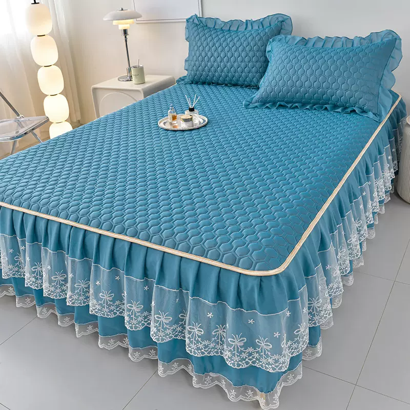 花边纯色乳胶凉席床裙三件套可水洗夏天家用冰丝席批发床笠款