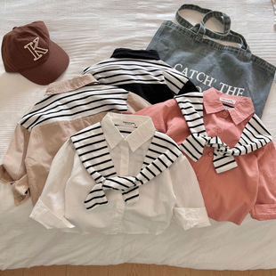 Children's Clothing Kidsren's Shirt 2025 Autumn New Fake Two-Piece Pure Color Shawl Shirt for Boys and Girls