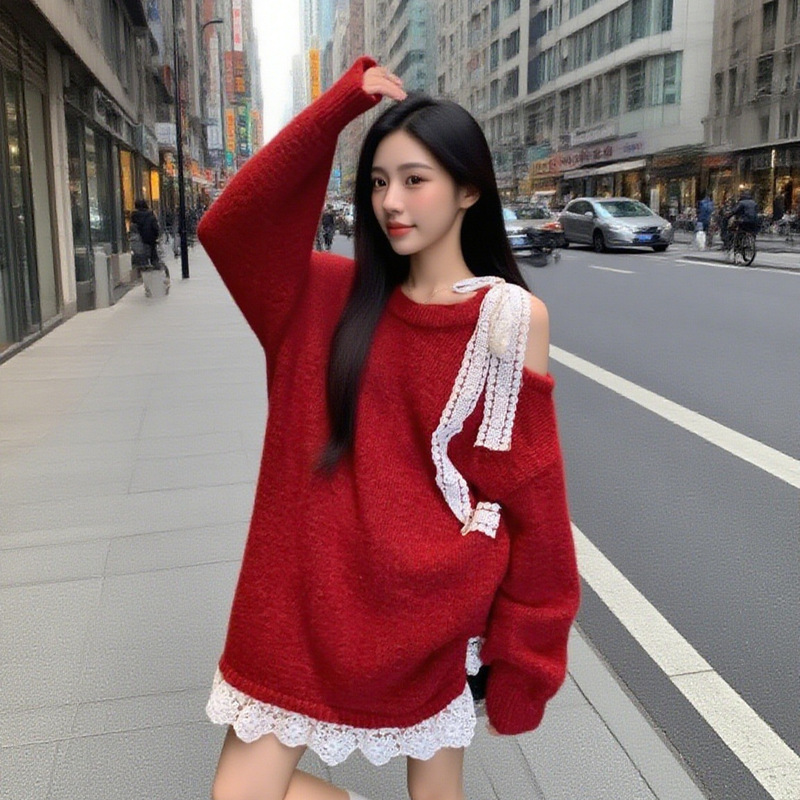 实拍大码感蕾丝长袖红色针织衫冬新款中长款胖蝴蝶结上衣女毛衣|undefined