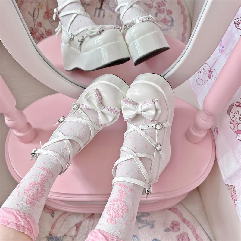 [Cheese Love Letter Thick Sole] Porterby College Original lolita Shoes Cute Round Head Bow Lot Shoes