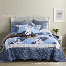 原单出口欧美风格活性磨毛涤棉仿拼块绗缝被床盖跨境热卖款三件套