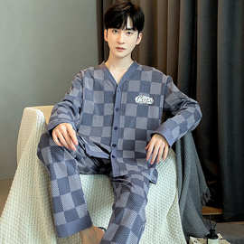 男士睡衣春秋季长袖卡通休闲大码格子和服领开衫家居服秋冬款套装