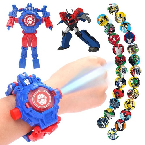 Cross-border children's transforming projection watch, diamond toy, creative cartoon transformation robot, animated glowing electronic watch
