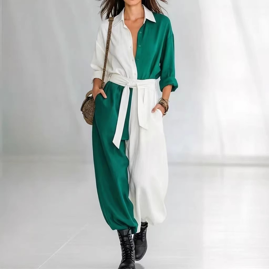 Damenbekleidung Frühlingsmode: Einfarbiger Patchwork-Jumpsuit mit langen Ärmeln und Bindeband für Damen_voghion.com