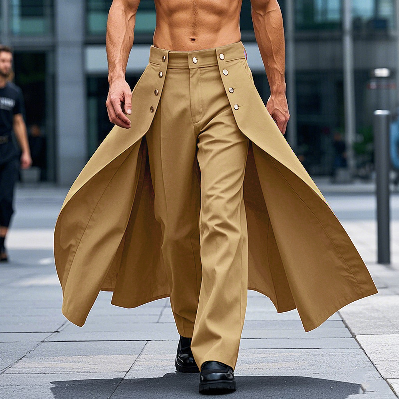 Cross-Border Amazon Spring and Autumn European and American High Street Style Men's Faux Two-Piece Buttoned Ribbon Split Wide-Leg Casual Pants