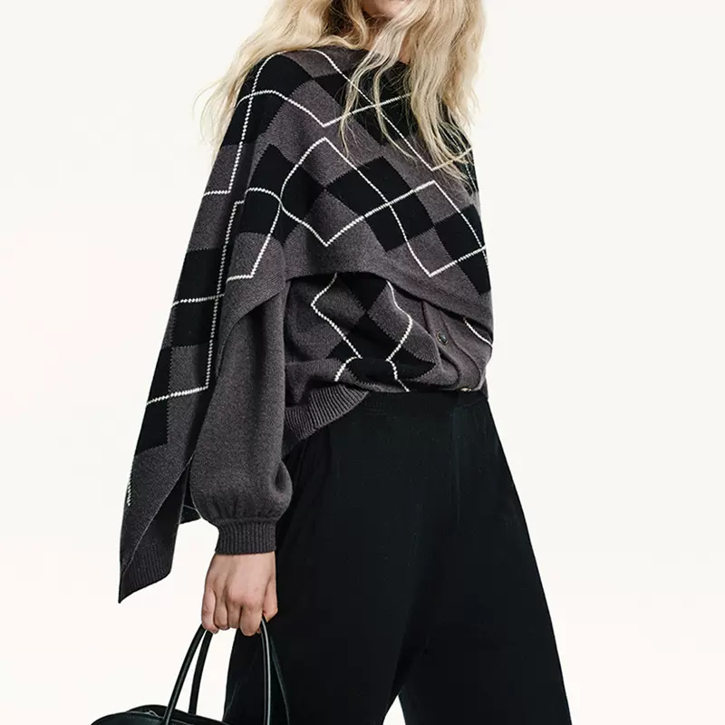 DM时髦90'S文艺复兴_琥珀流光格纹miu风针织毛衣披肩套装2025冬季