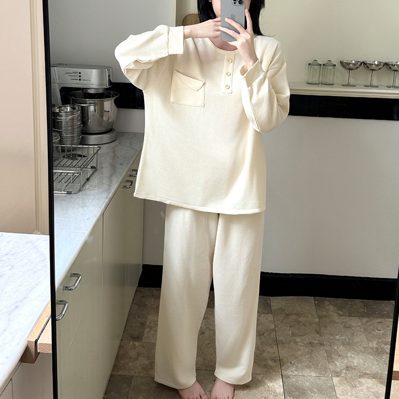 绵羊绒睡衣女秋冬季新款套头圆领保暖长袖套装简约宅家懒人家居服|undefined