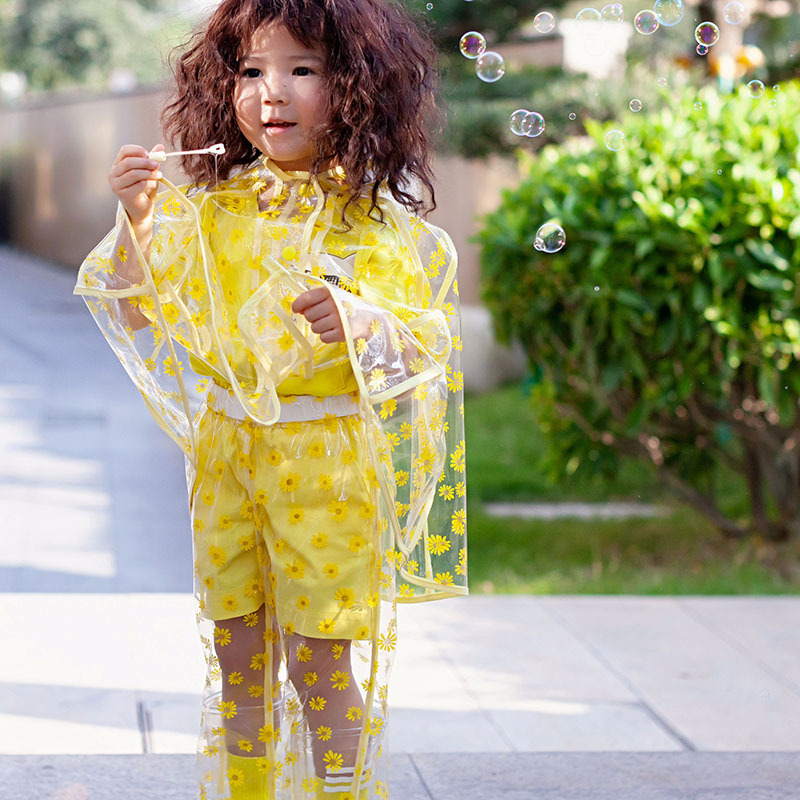 TK21506ST 女童装潮流时尚雾面透视金蕊雏菊印花连帽披风雨衣雨裤