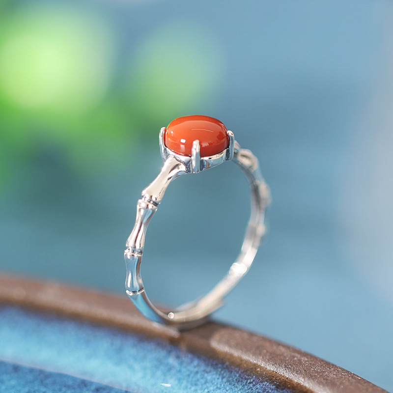 Small egg noodle bamboo knot Hetian jade 925 sterling silver ring